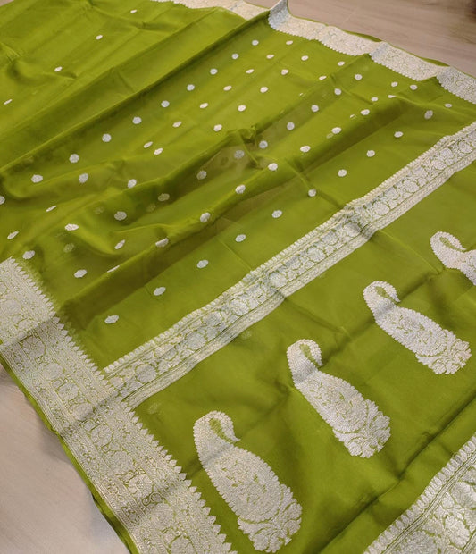 Apple Green Khaddi Chiffon Handloom Silk Saree