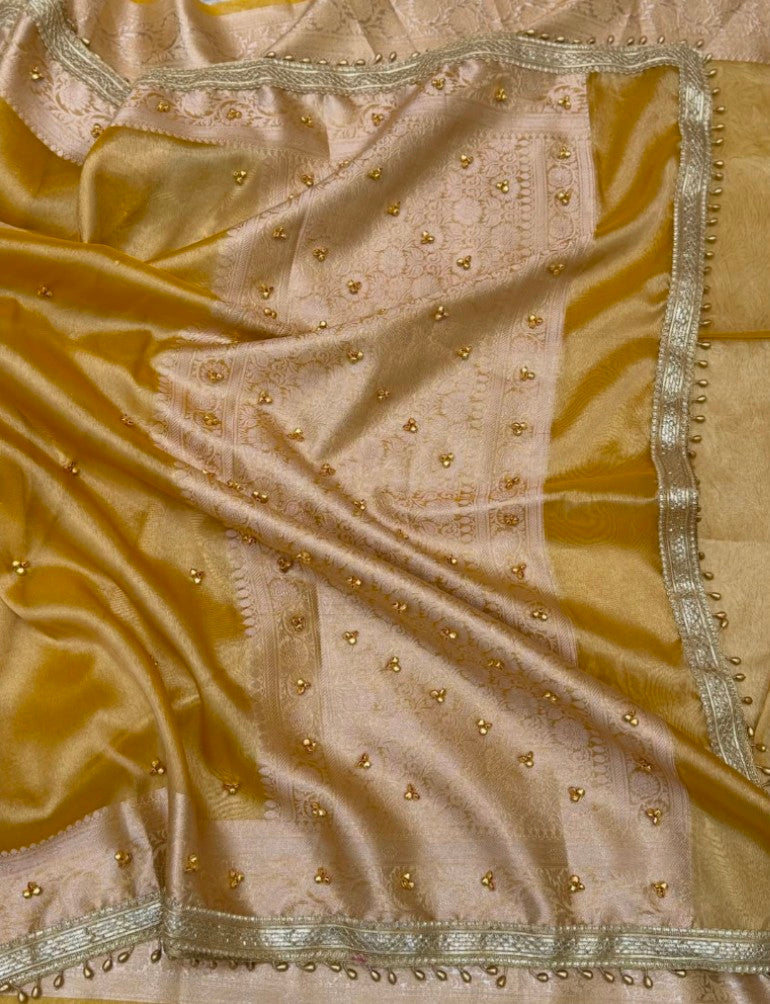 ellow Tissue Silk Saree with Hand-Stitched Ghunghroo Work | Perfect Haldi & Festive Saree