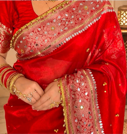 Viral Ghunghroo Red Saree with Mirror & Lace Work