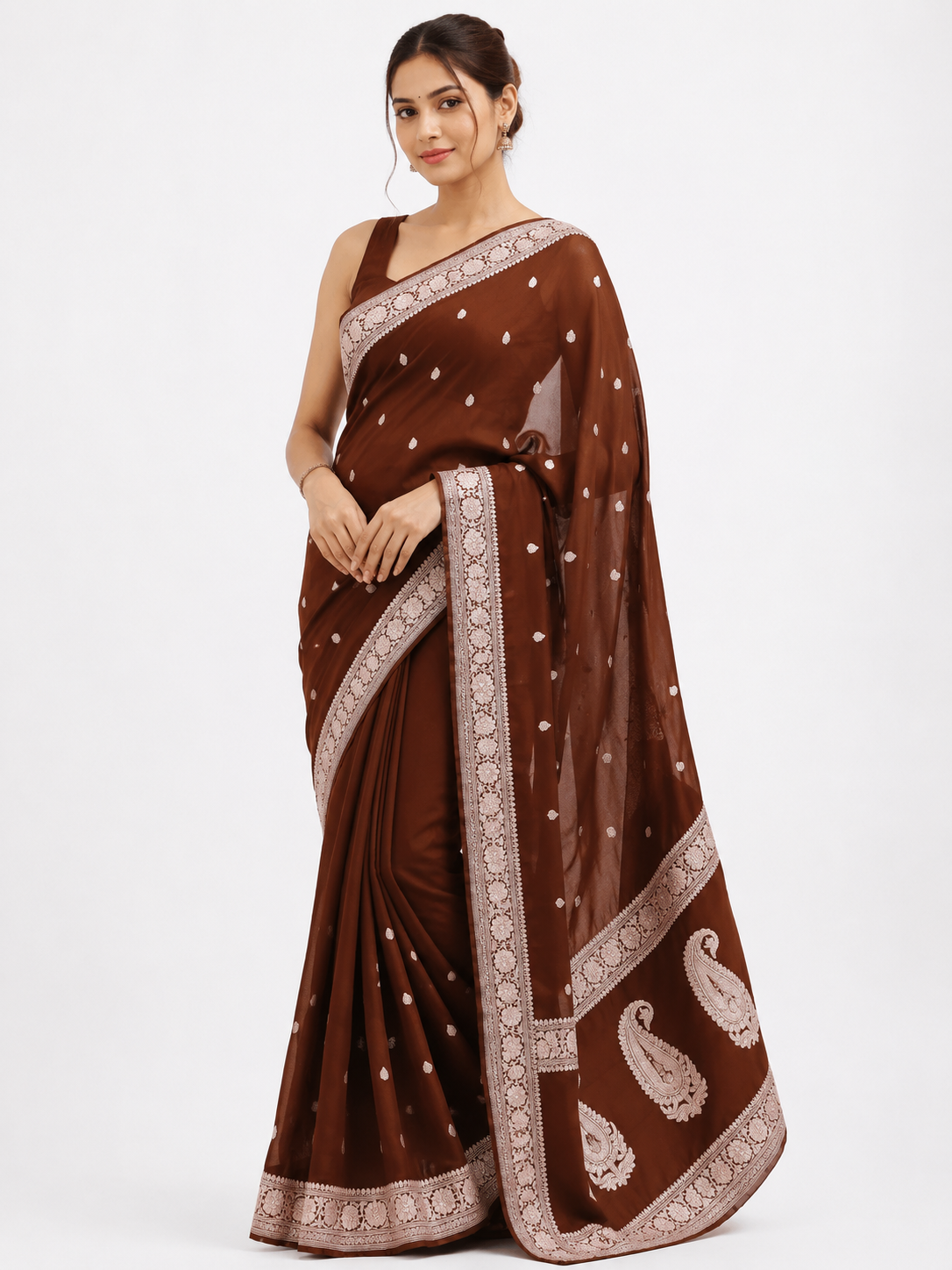 Chocolate Brown Khaddi Chiffon Handloom Silk Saree