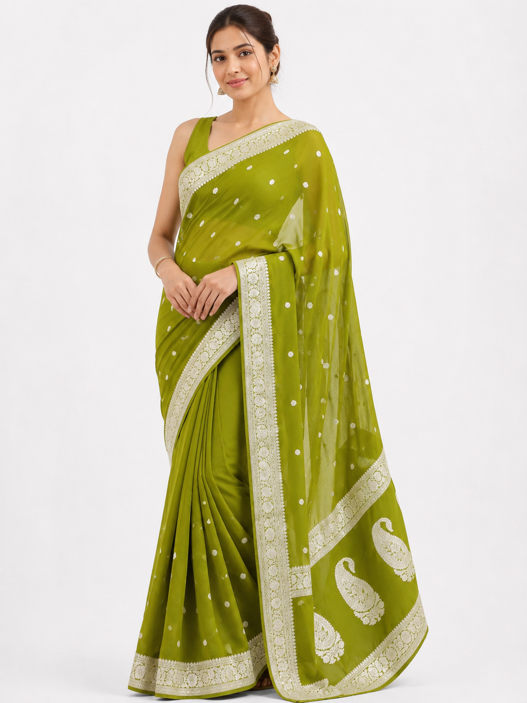 Apple Green Khaddi Chiffon Handloom Silk Saree