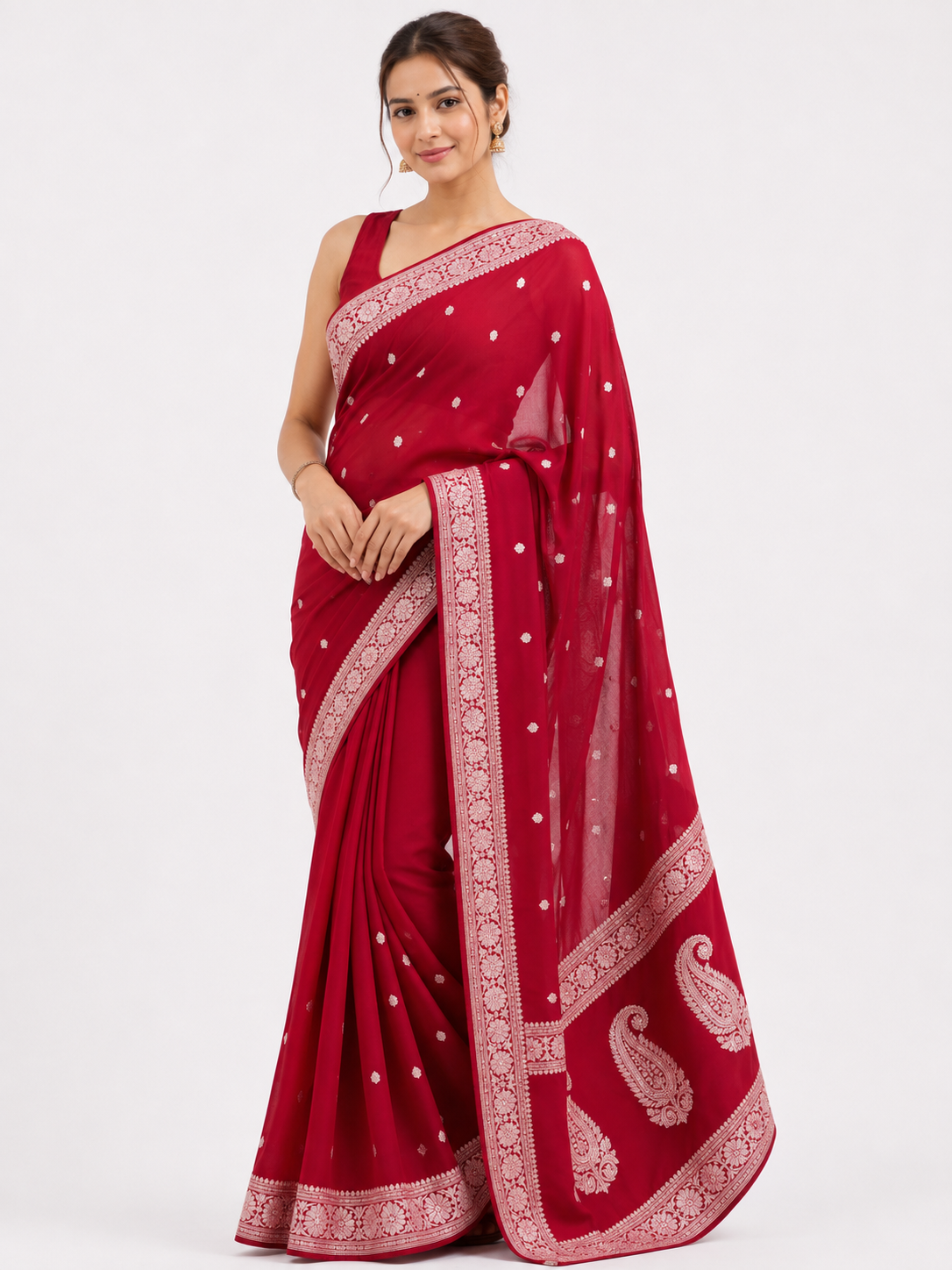 Red Khaddi Chiffon Handloom Silk Saree