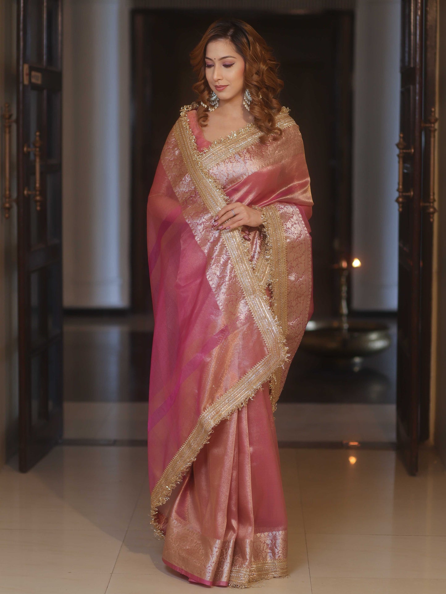 Blush Rose Tissue Silk Saree with Intricate Lace Work