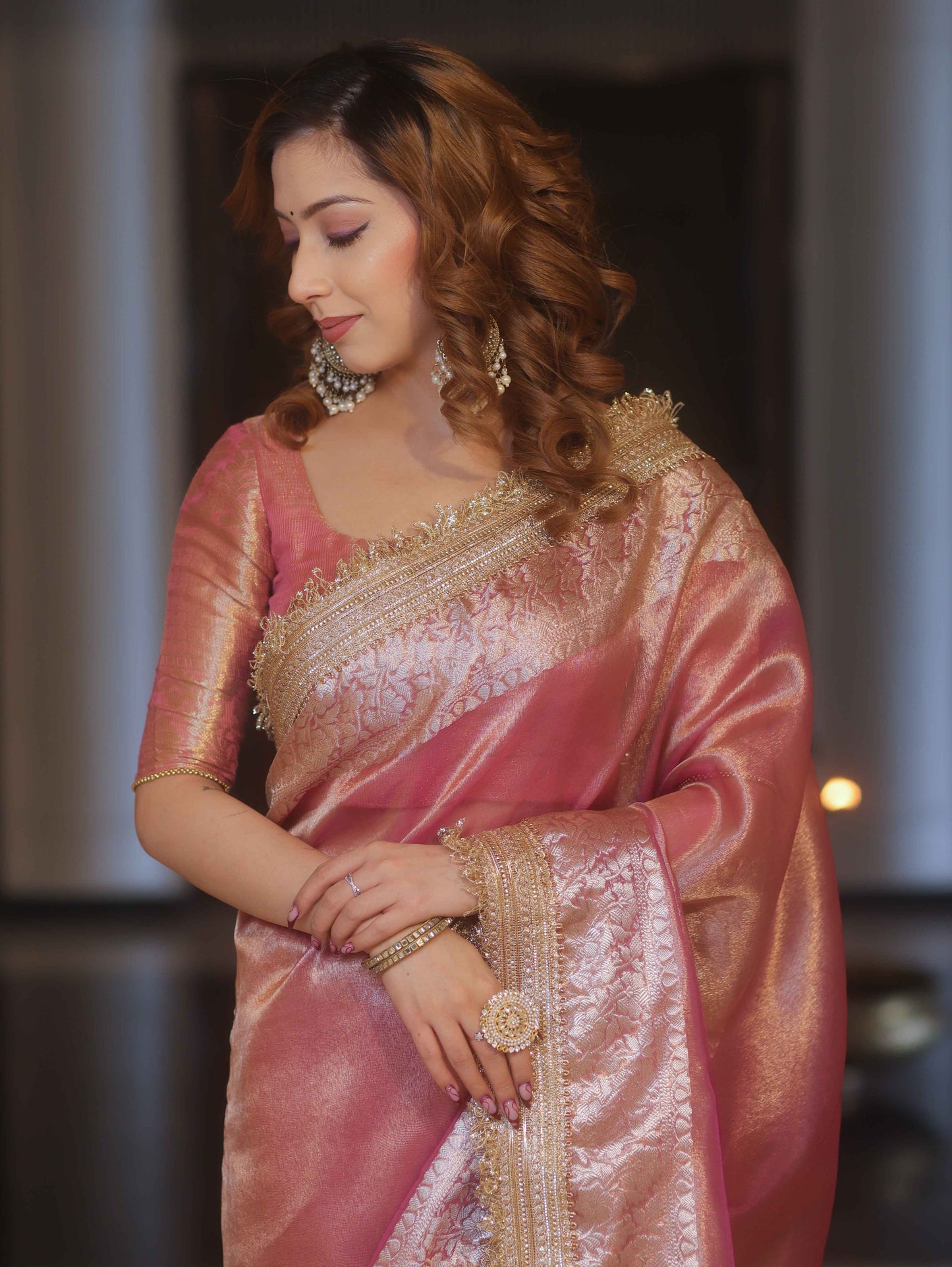 Blush Rose Tissue Silk Saree with Intricate Lace Work