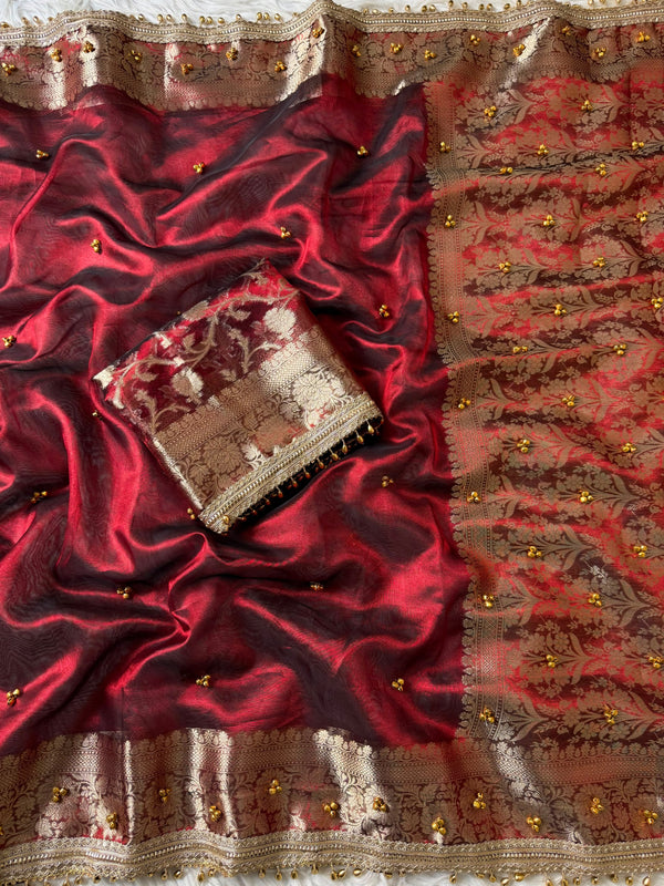 Red Ghungaroo Banarasi Tissue Saree With Designer Lace Work