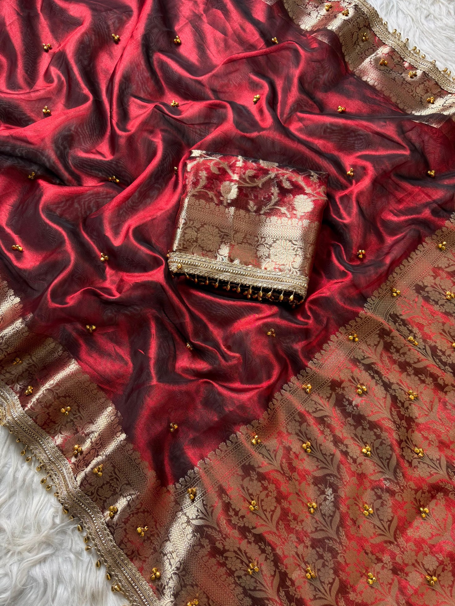 Red Ghungaroo Banarasi Tissue Saree With Designer Lace Work