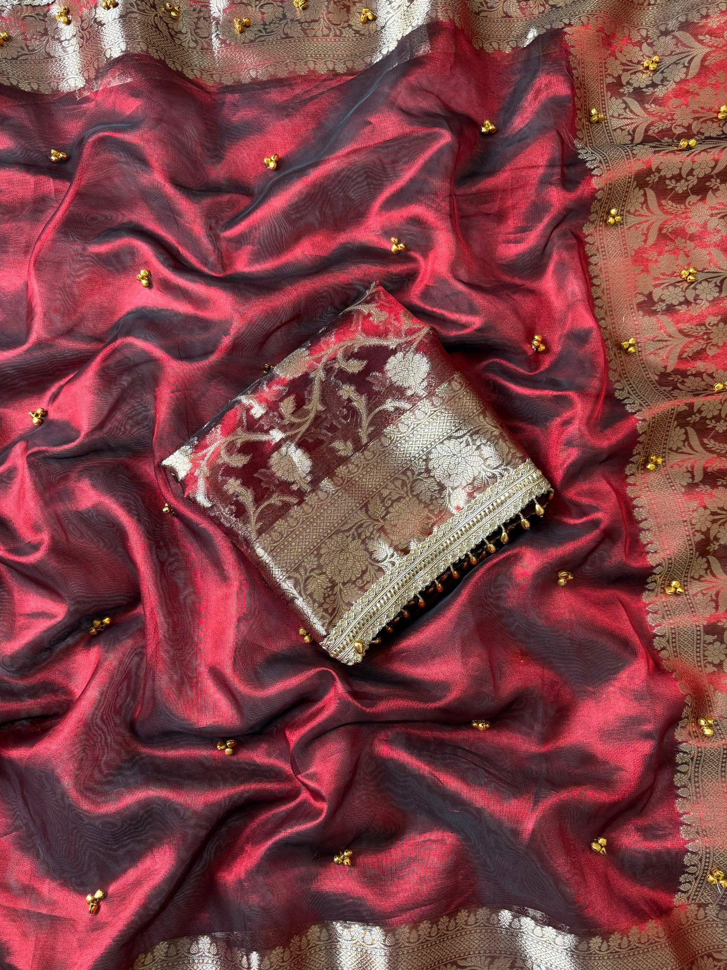 Red Ghungaroo Banarasi Tissue Saree With Designer Lace Work