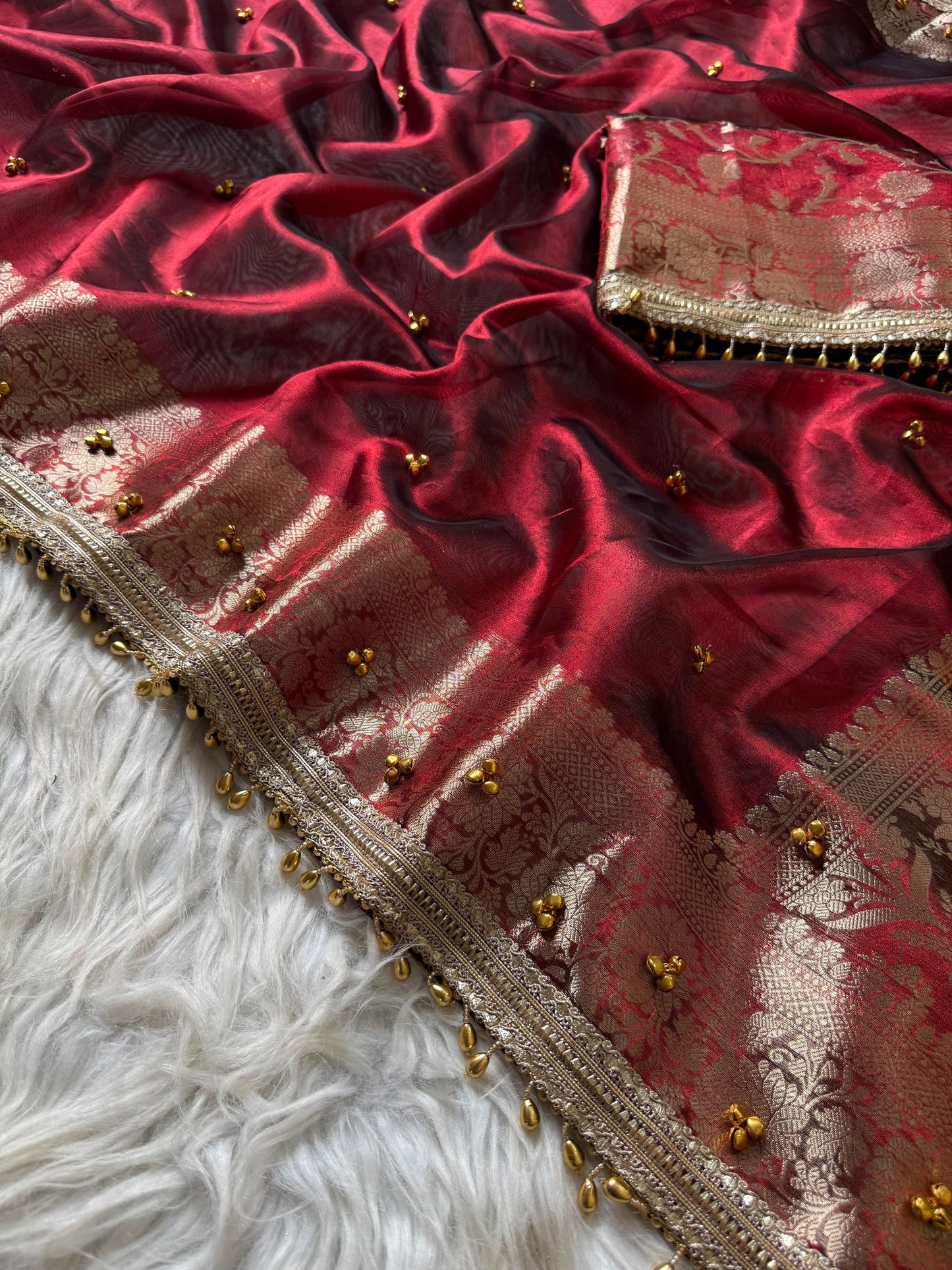 Red Ghungaroo Banarasi Tissue Saree With Designer Lace Work