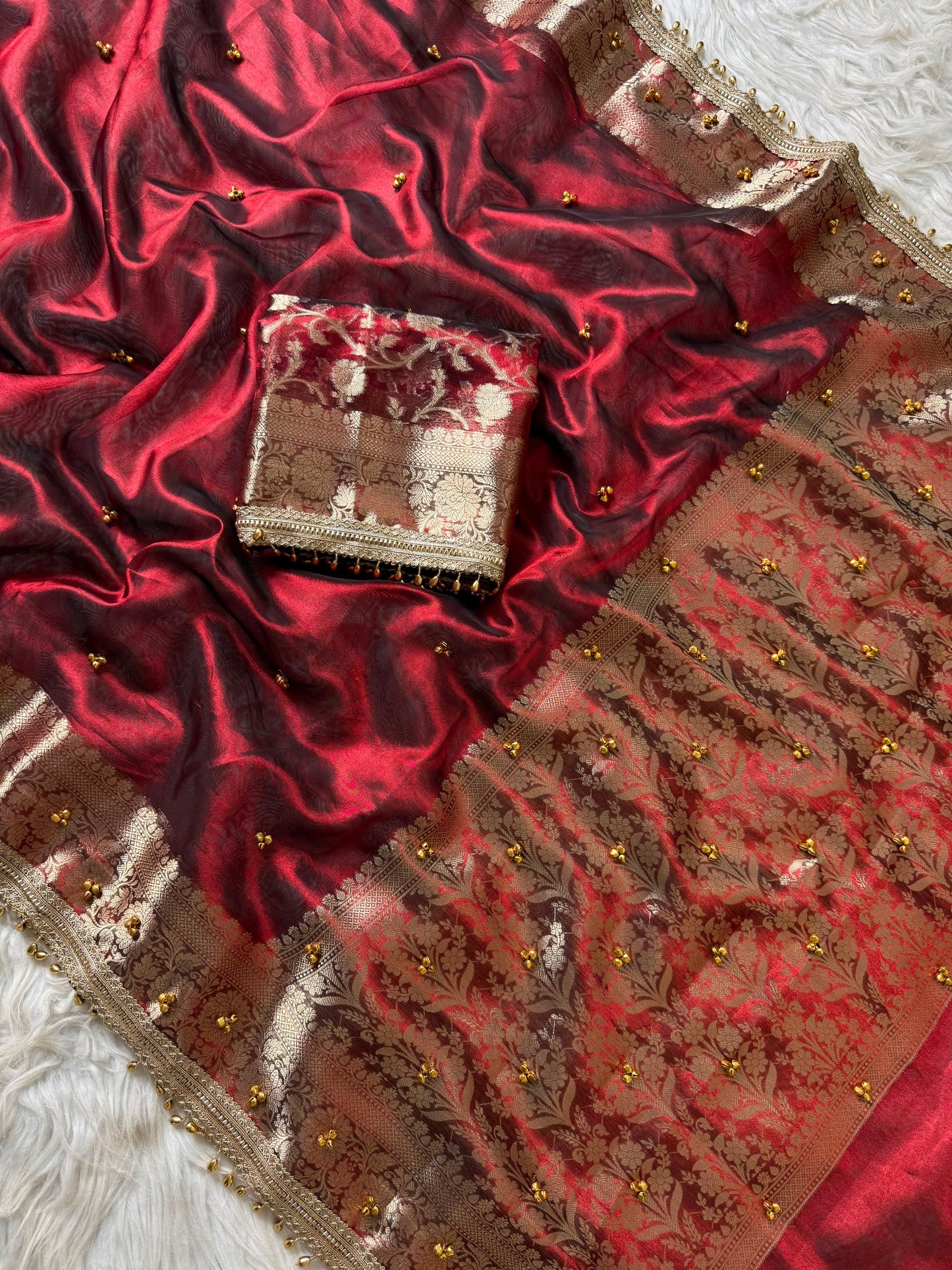 Red Ghungaroo Banarasi Tissue Saree With Designer Lace Work