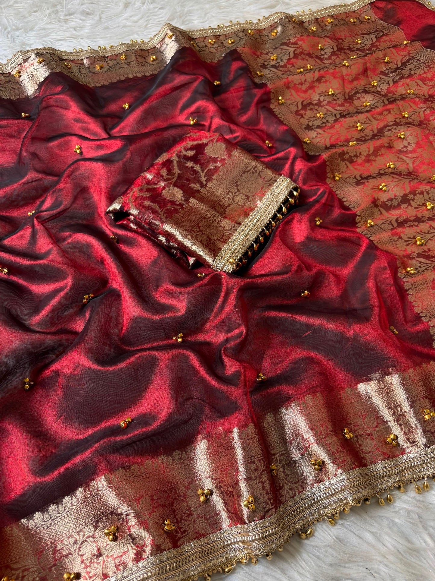 Red Ghungaroo Banarasi Tissue Saree With Designer Lace Work