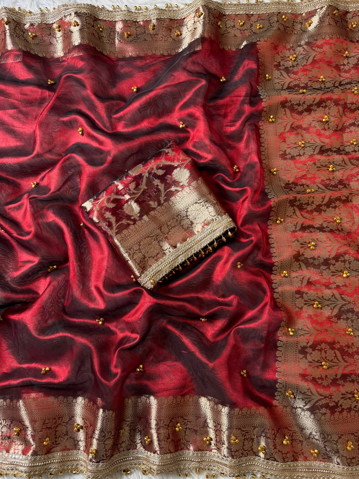 Red Ghungaroo Banarasi Tissue Saree With Designer Lace Work