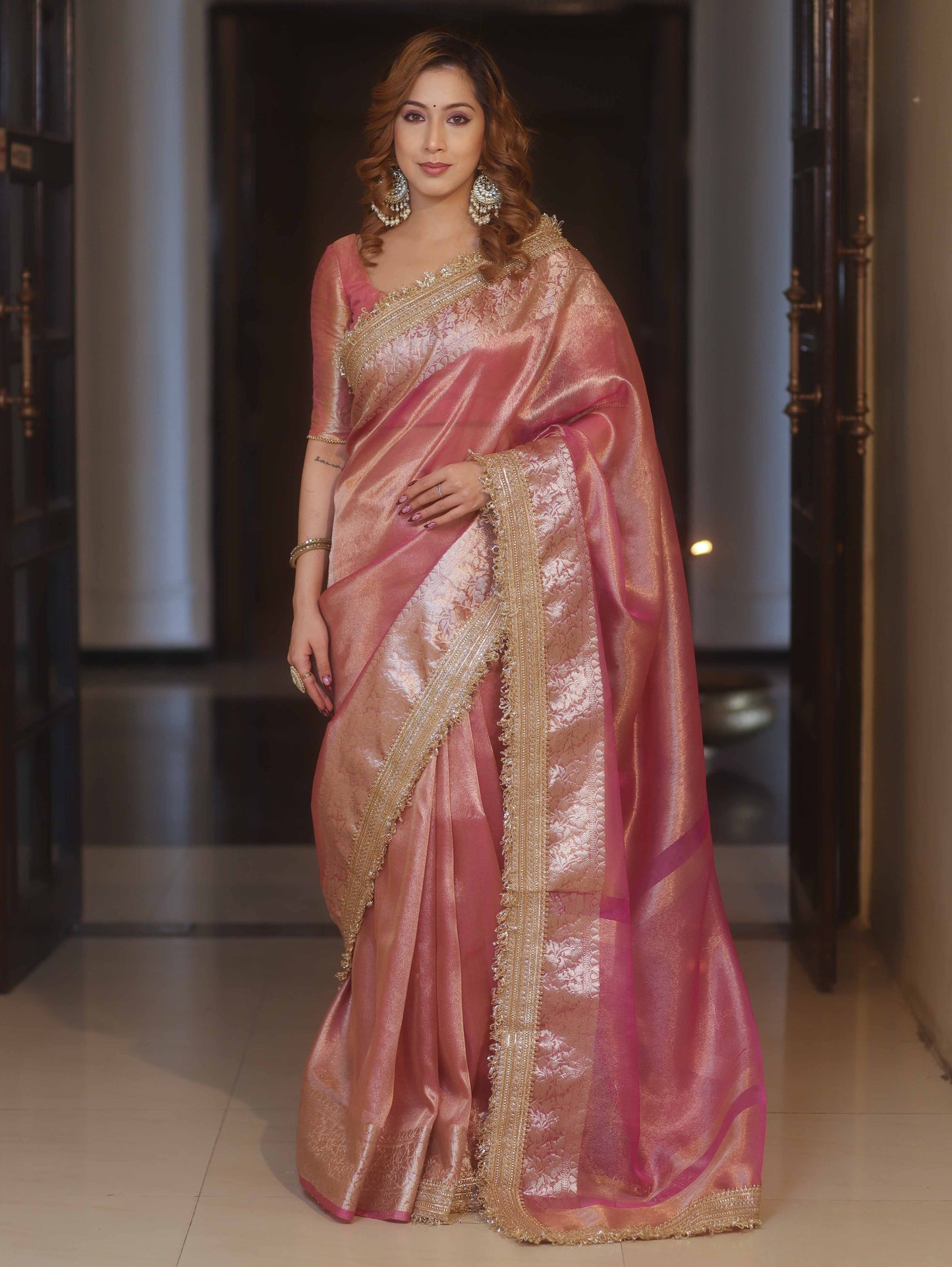 Blush Rose Tissue Silk Saree with Intricate Lace Work