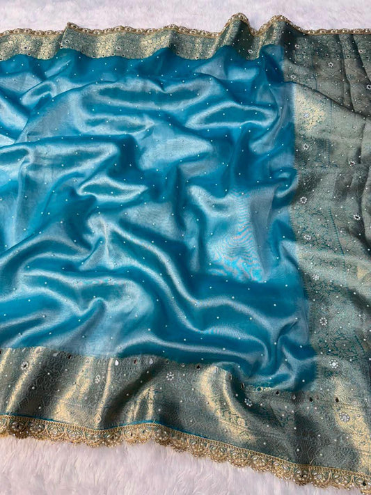 Sky Blue Tissue Saree with Mirror, & Stone Embellished Border
