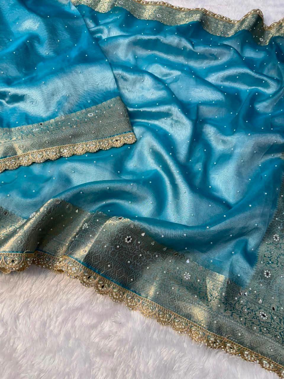 Sky Blue Tissue Saree with Mirror, & Stone Embellished Border
