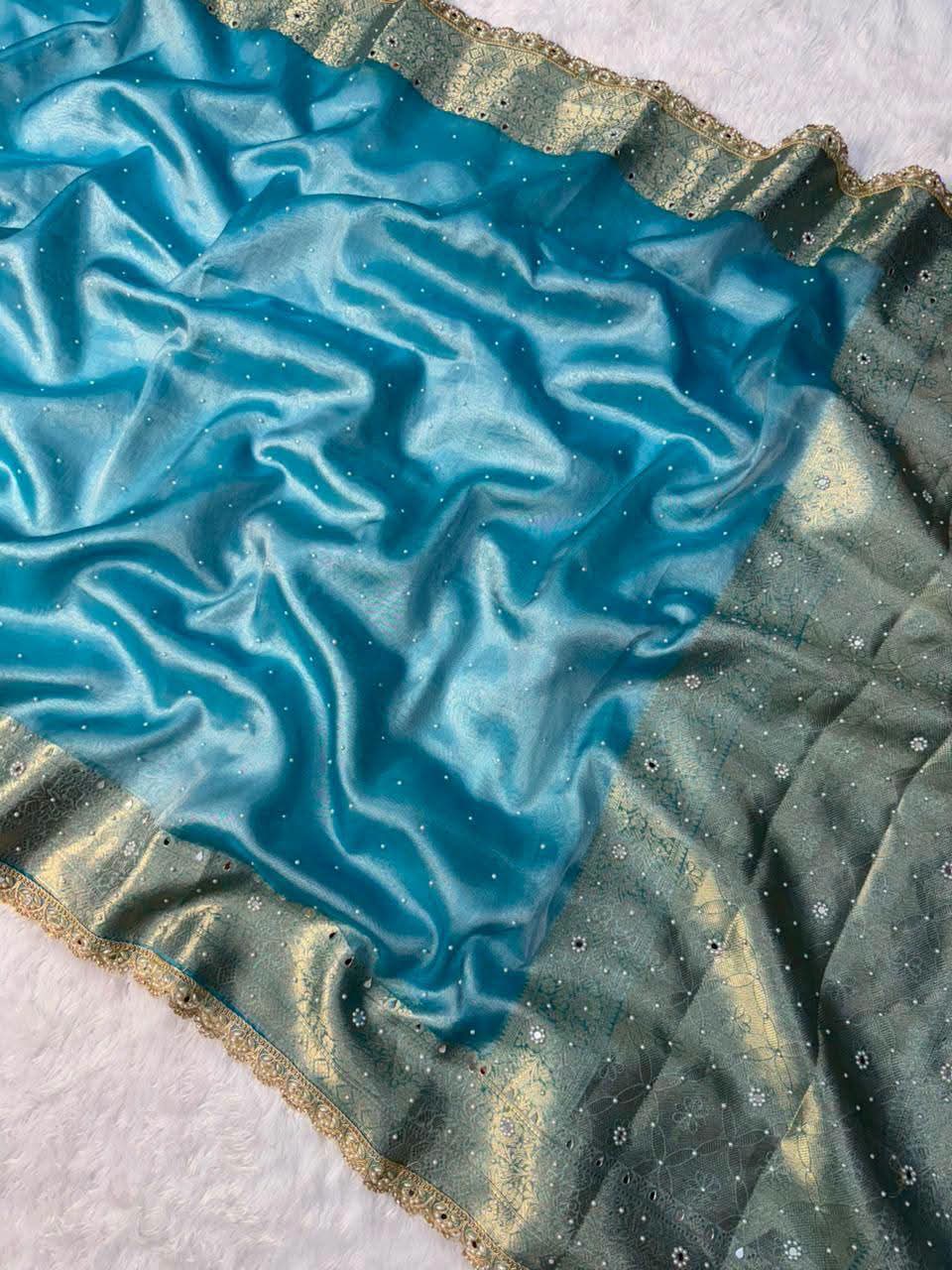 Sky Blue Tissue Saree with Mirror, & Stone Embellished Border