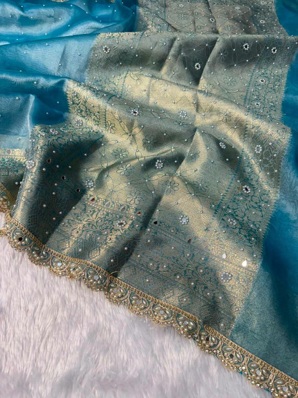 Sky Blue Tissue Saree with Mirror, & Stone Embellished Border