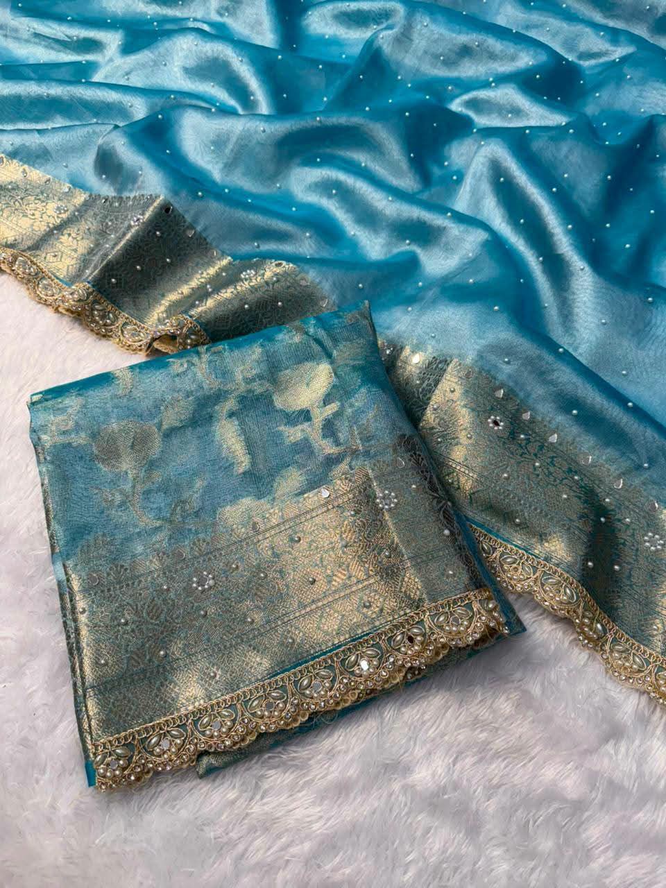 Sky Blue Tissue Saree with Mirror, & Stone Embellished Border
