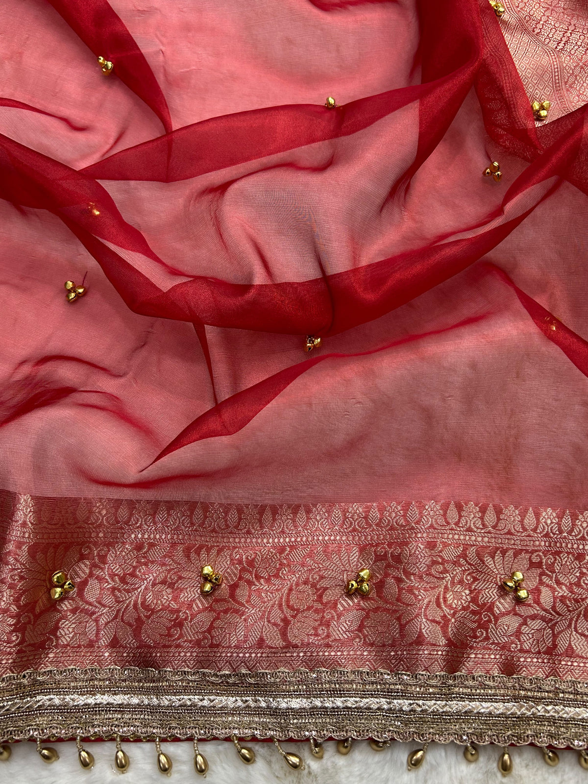 Red Ghungaroo Banarasi Tissue Saree