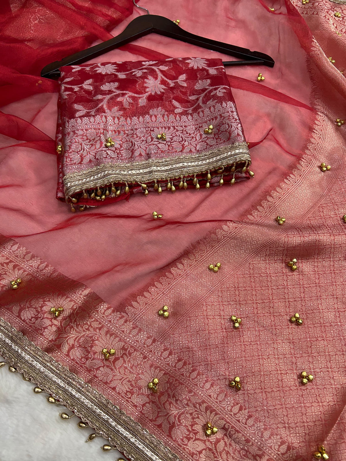 Red Ghungaroo Banarasi Tissue Saree