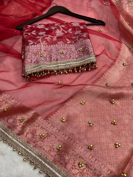 Red Ghungaroo Banarasi Tissue Saree