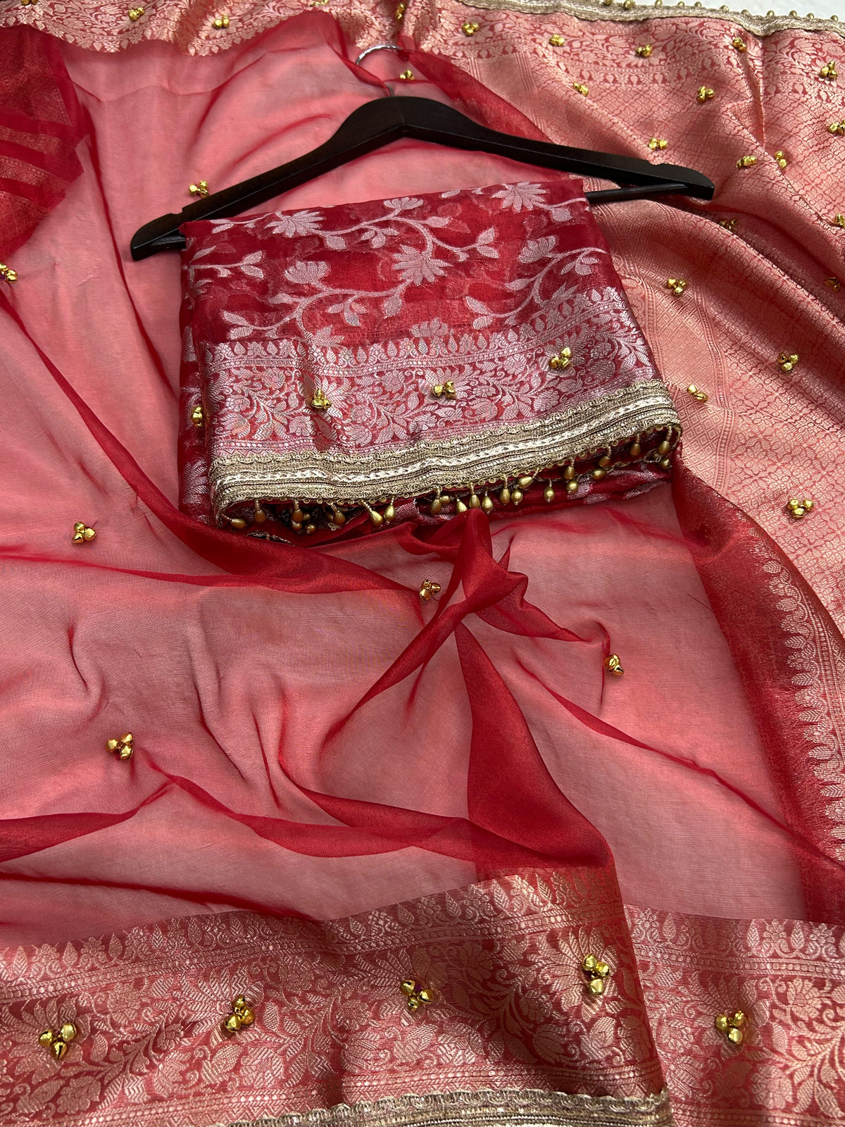 Red Ghungaroo Banarasi Tissue Saree