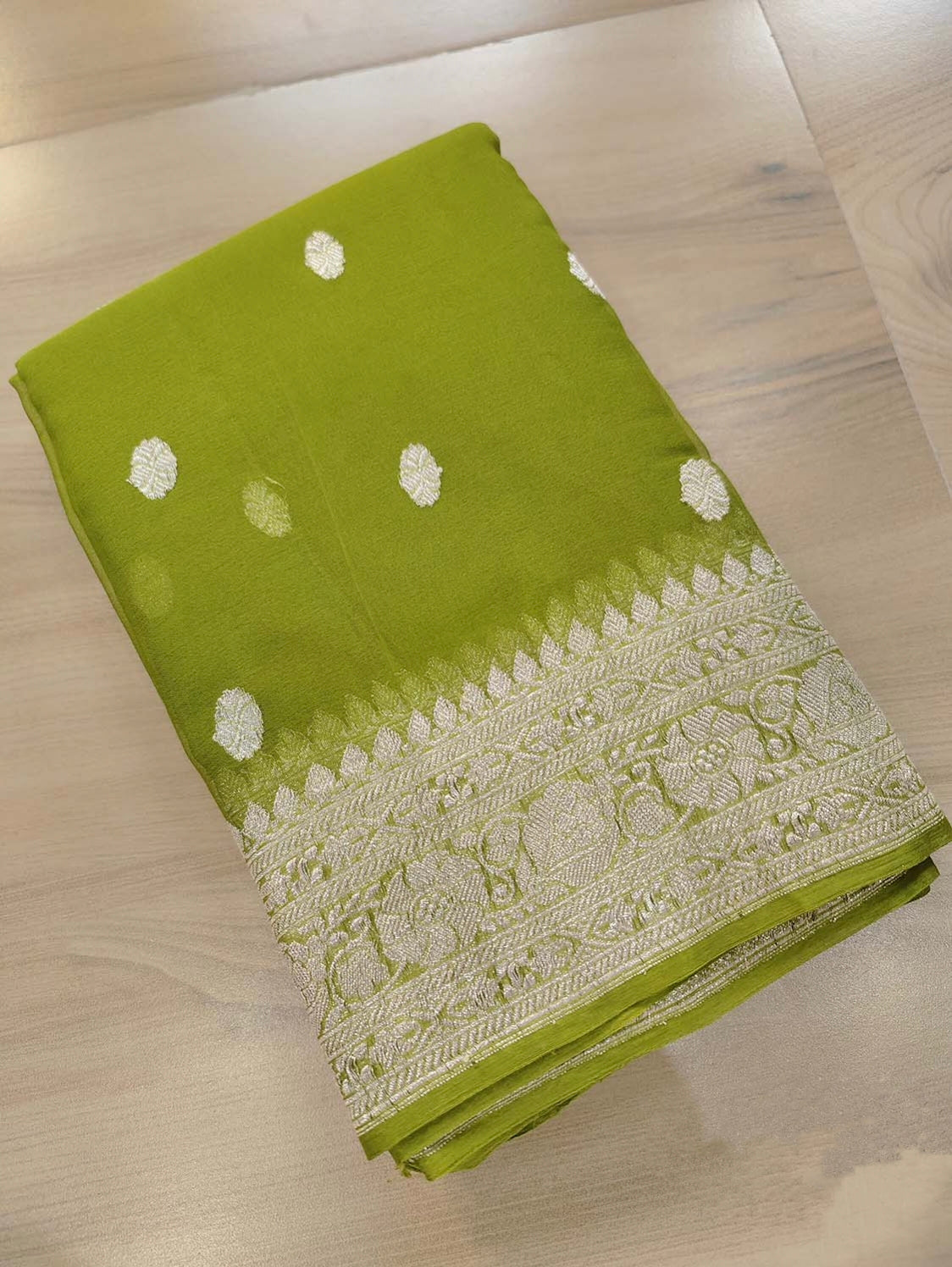 Apple Green Khaddi Chiffon Handloom Silk Saree