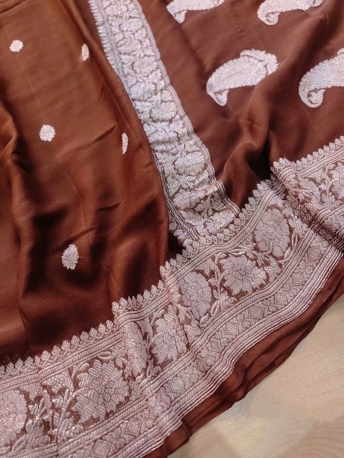 Chocolate Brown Khaddi Chiffon Handloom Silk Saree