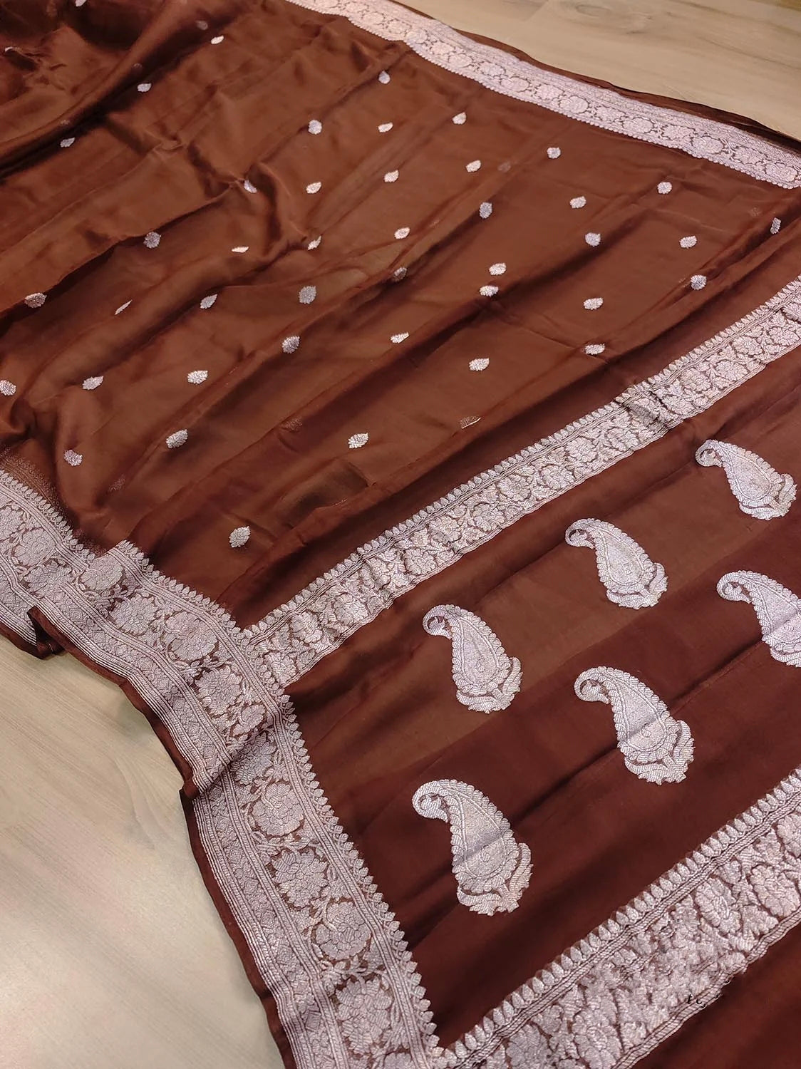 Chocolate Brown Khaddi Chiffon Handloom Silk Saree