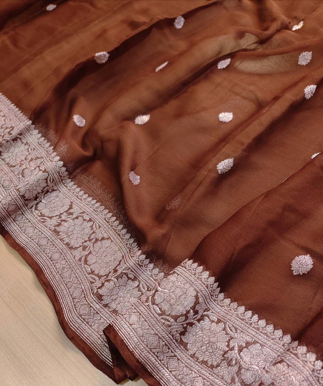 Chocolate Brown Khaddi Chiffon Handloom Silk Saree