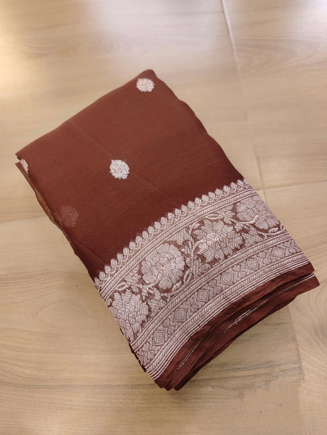 Chocolate Brown Khaddi Chiffon Handloom Silk Saree