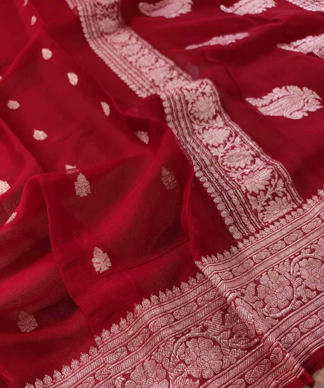 Red Khaddi Chiffon Handloom Silk Saree