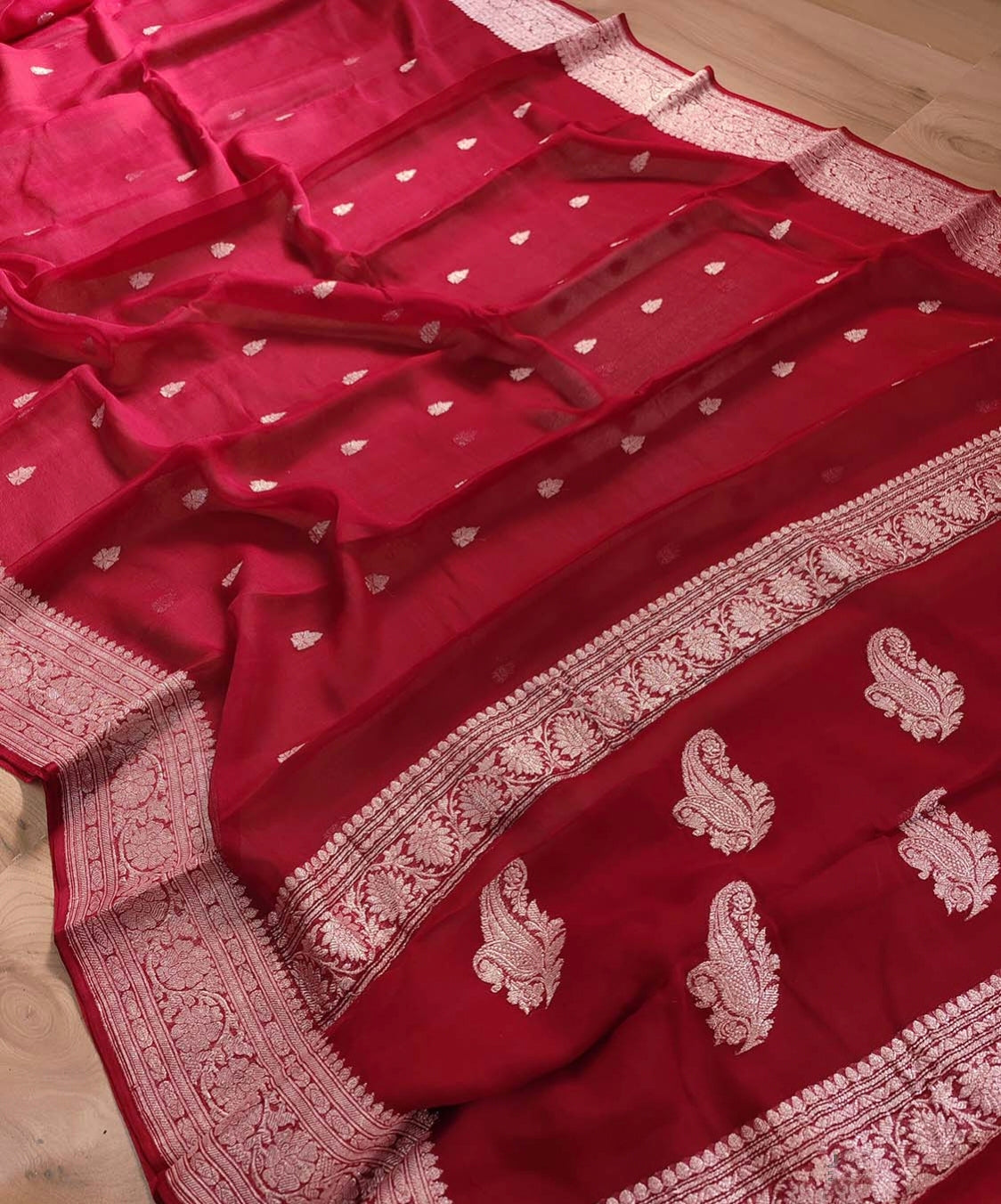 Red Khaddi Chiffon Handloom Silk Saree