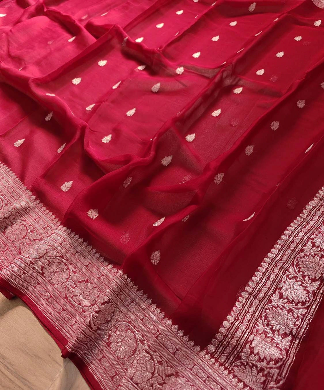Red Khaddi Chiffon Handloom Silk Saree