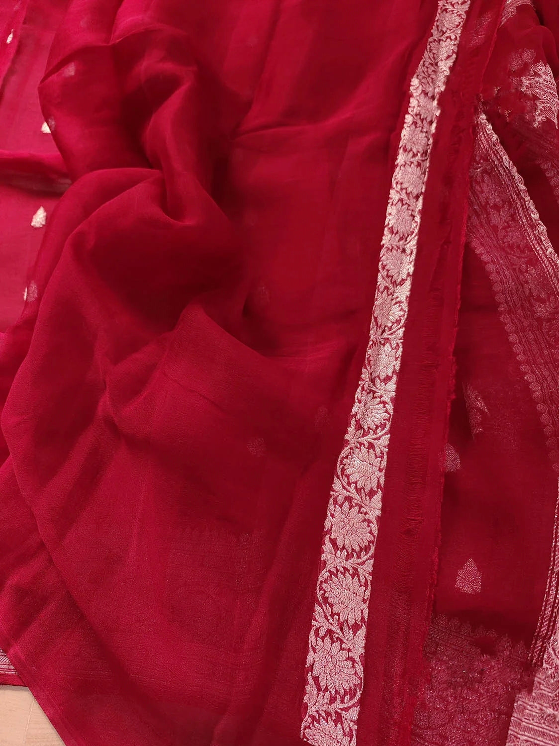 Red Khaddi Chiffon Handloom Silk Saree