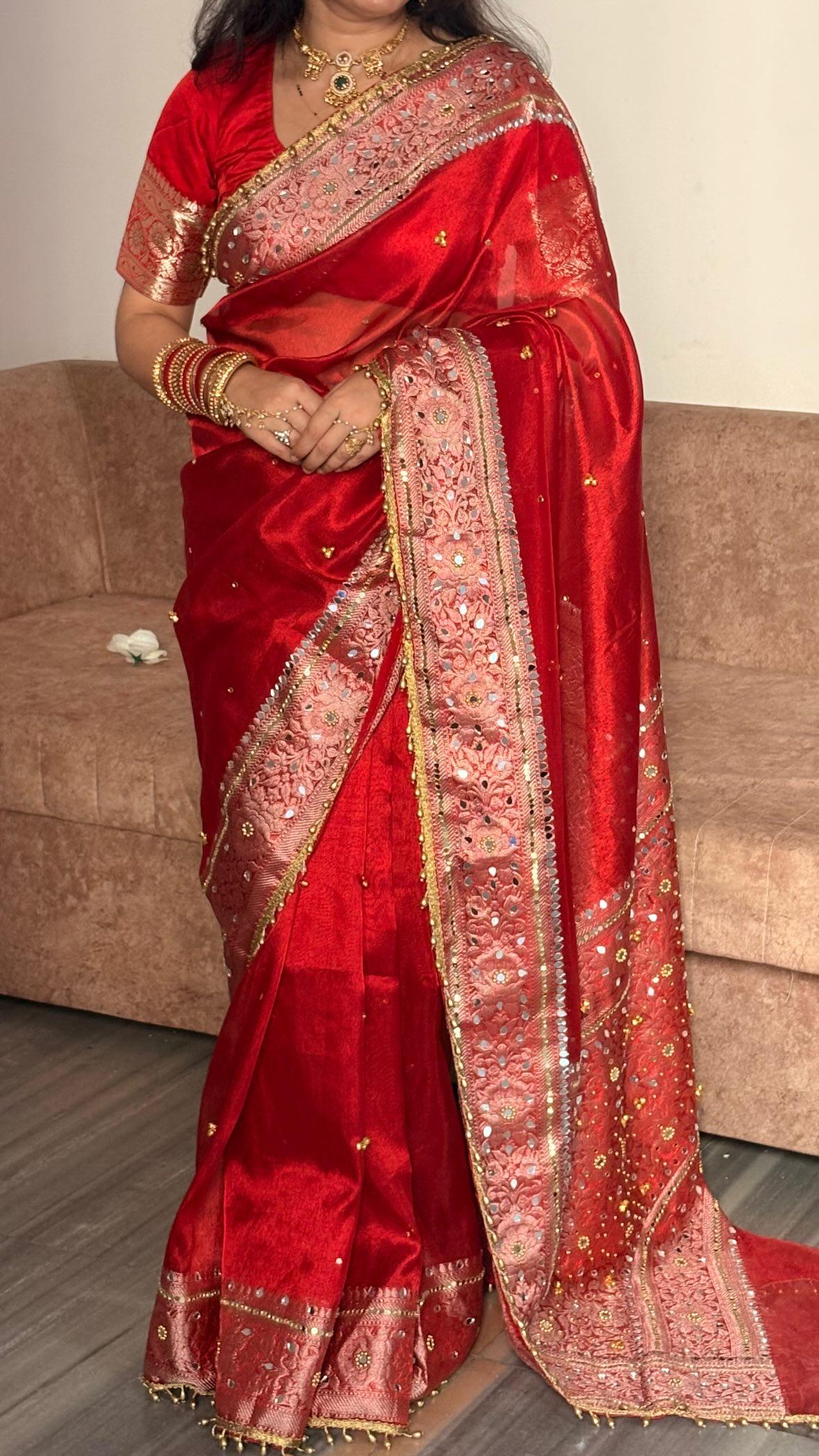 Viral Ghunghroo Red Saree with Mirror & Lace Work