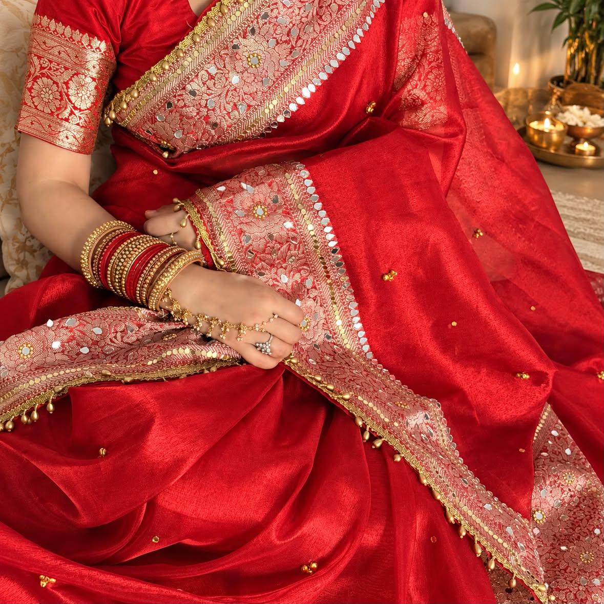 Viral Ghunghroo Red Saree with Mirror & Lace Work