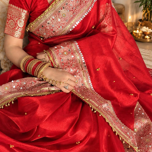 Viral Ghunghroo Red Saree with Mirror & Lace Work