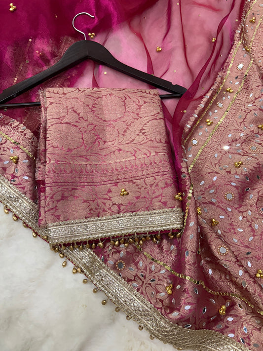 Pink Ghunghroo Tissue Saree with Mirror & Lace Work