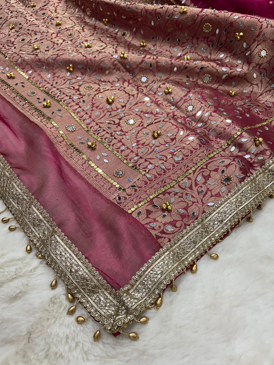 Pink Ghunghroo Tissue Saree with Mirror & Lace Work