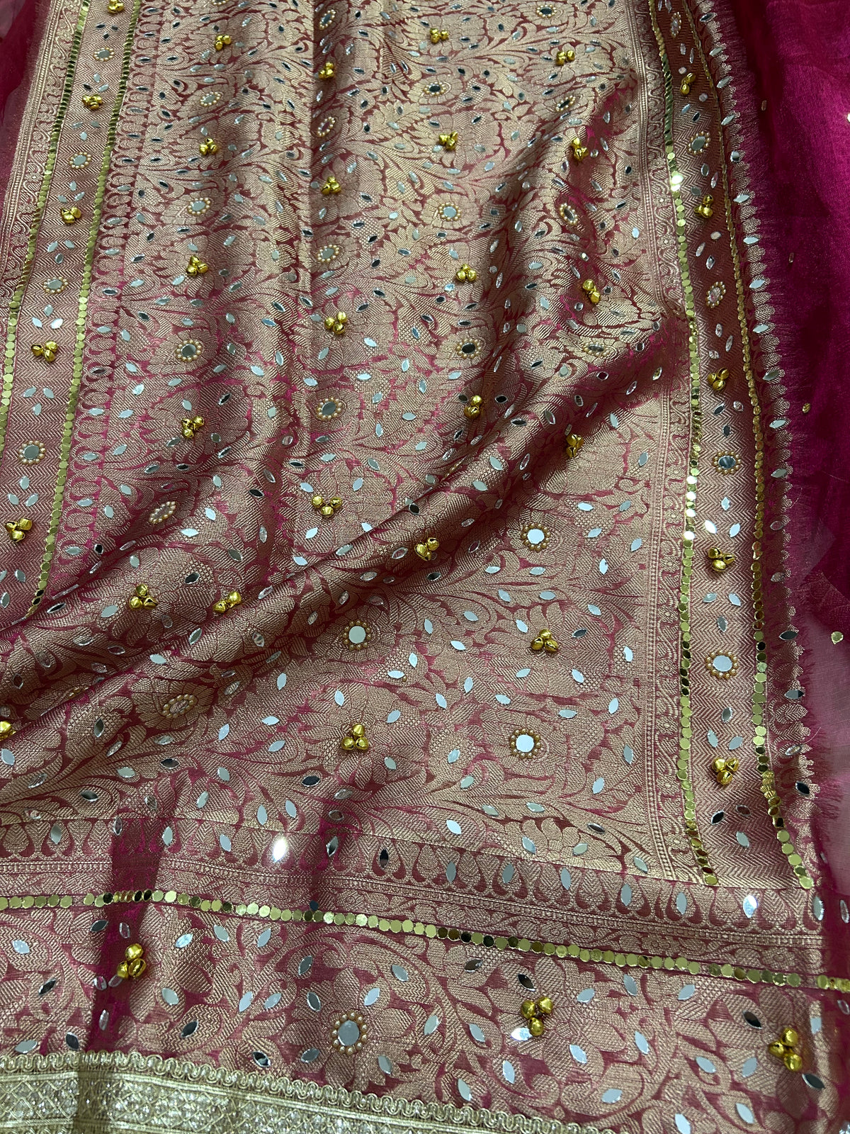 Pink Ghunghroo Tissue Saree with Mirror & Lace Work
