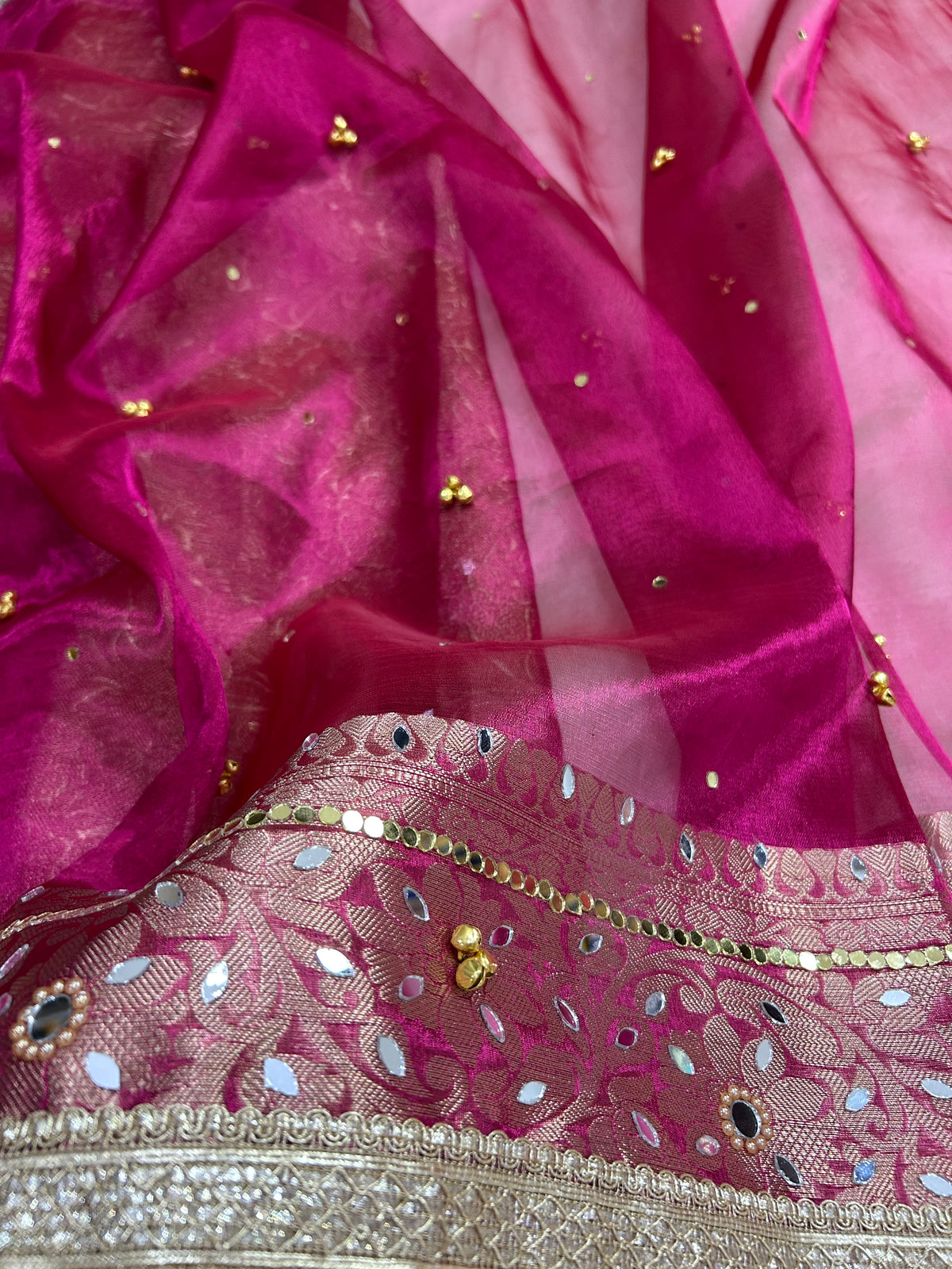 Pink Ghunghroo Tissue Saree with Mirror & Lace Work