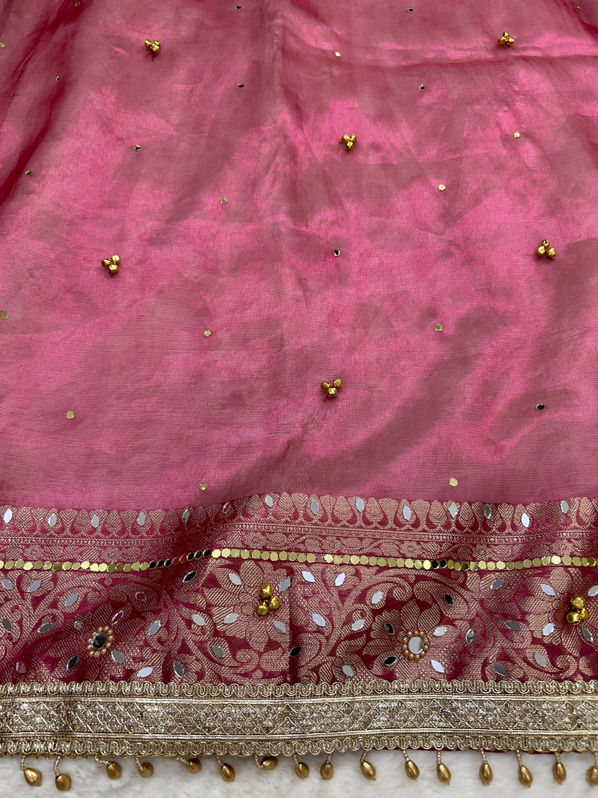 Pink Ghunghroo Tissue Saree with Mirror & Lace Work