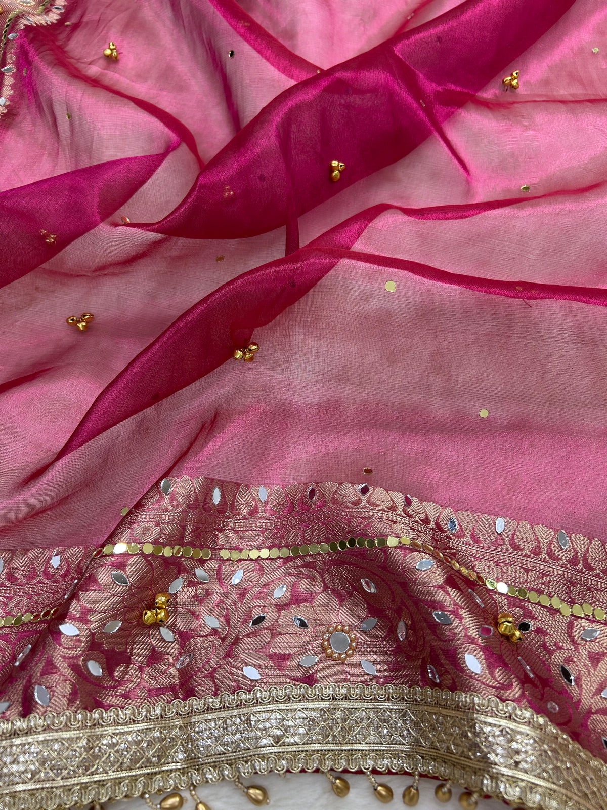 Pink Ghunghroo Tissue Saree with Mirror & Lace Work
