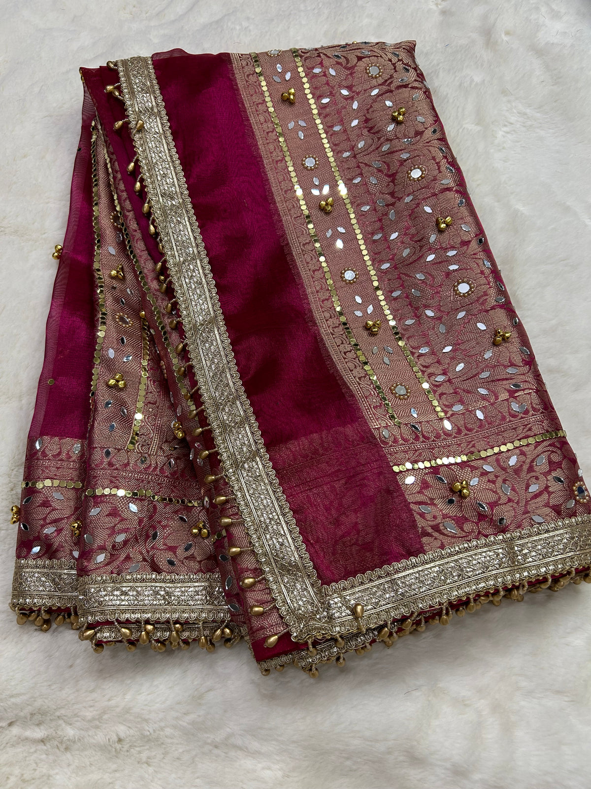 Pink Ghunghroo Tissue Saree with Mirror & Lace Work