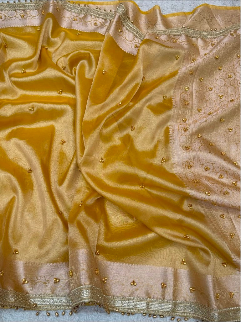 ellow Tissue Silk Saree with Hand-Stitched Ghunghroo Work | Perfect Haldi & Festive Saree