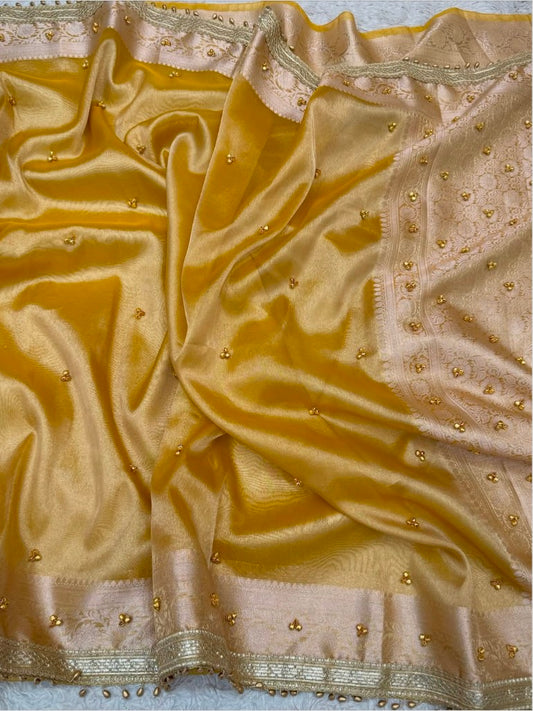 Yellow Tissue Silk Saree with Hand-Stitched Ghunghroo Work | Perfect Haldi & Festive Saree