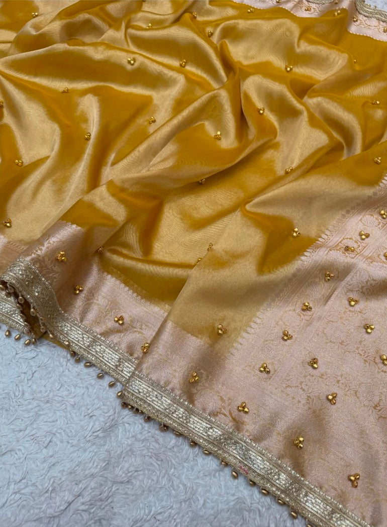 ellow Tissue Silk Saree with Hand-Stitched Ghunghroo Work | Perfect Haldi & Festive Saree