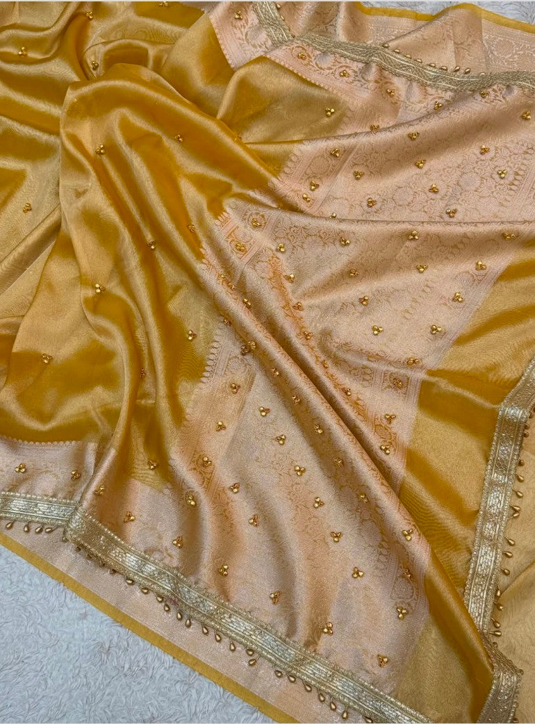 ellow Tissue Silk Saree with Hand-Stitched Ghunghroo Work | Perfect Haldi & Festive Saree
