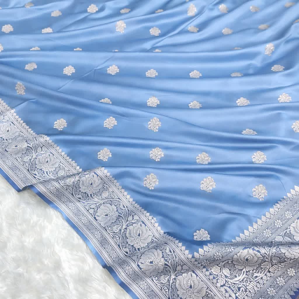 Traditional Sky Blue Mashru Silk Saree with Soft Texture