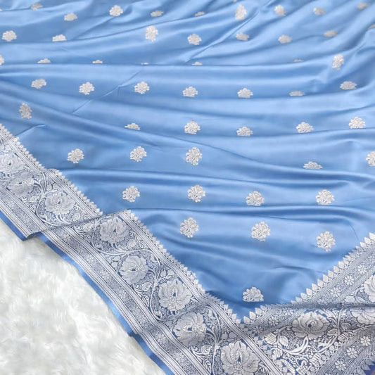 Traditional Sky Blue Mashru Silk Saree with Soft Texture